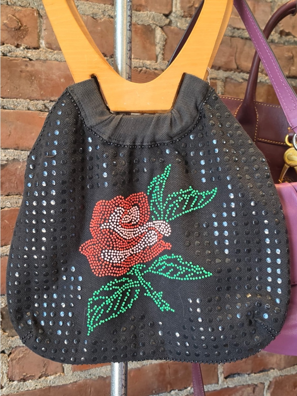 1970s Black Studded Tote with Red Rose Crystal Design